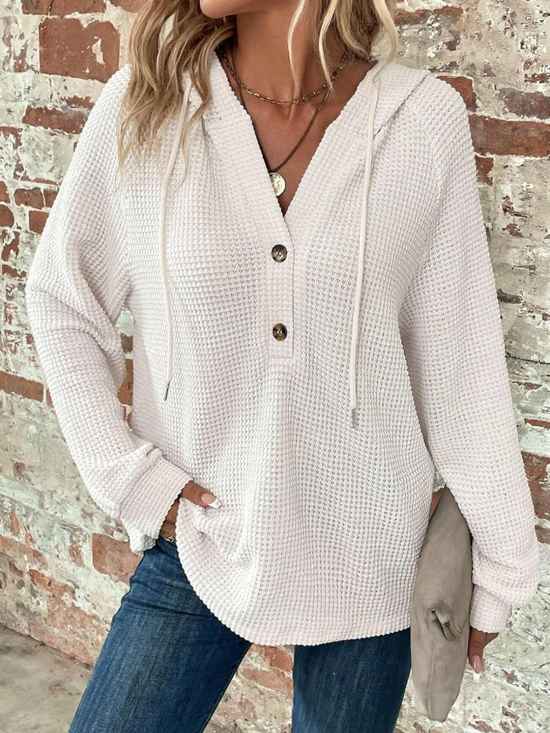 Waffle Knit Long Sleeve Drawstring Hooded Top - Ladyez