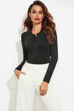 Half Button Round Neck Long Sleeve Bodysuit - Ladyez