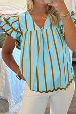 Stripe Ricrac Trim Double Ruffled Short Sleeve V Neck Blouse