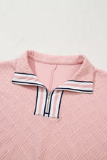 Contrast Striped Collar Patchwork Textured Half Sleeve Blouse