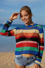 Angel Wings Rainbow Stripe Openwork Long Sleeve Cover-Up - Ladyez