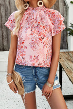 Devine Printed Ruffled Mock Neck Blouse