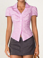Striped Collared Neck Short Sleeve Shirt