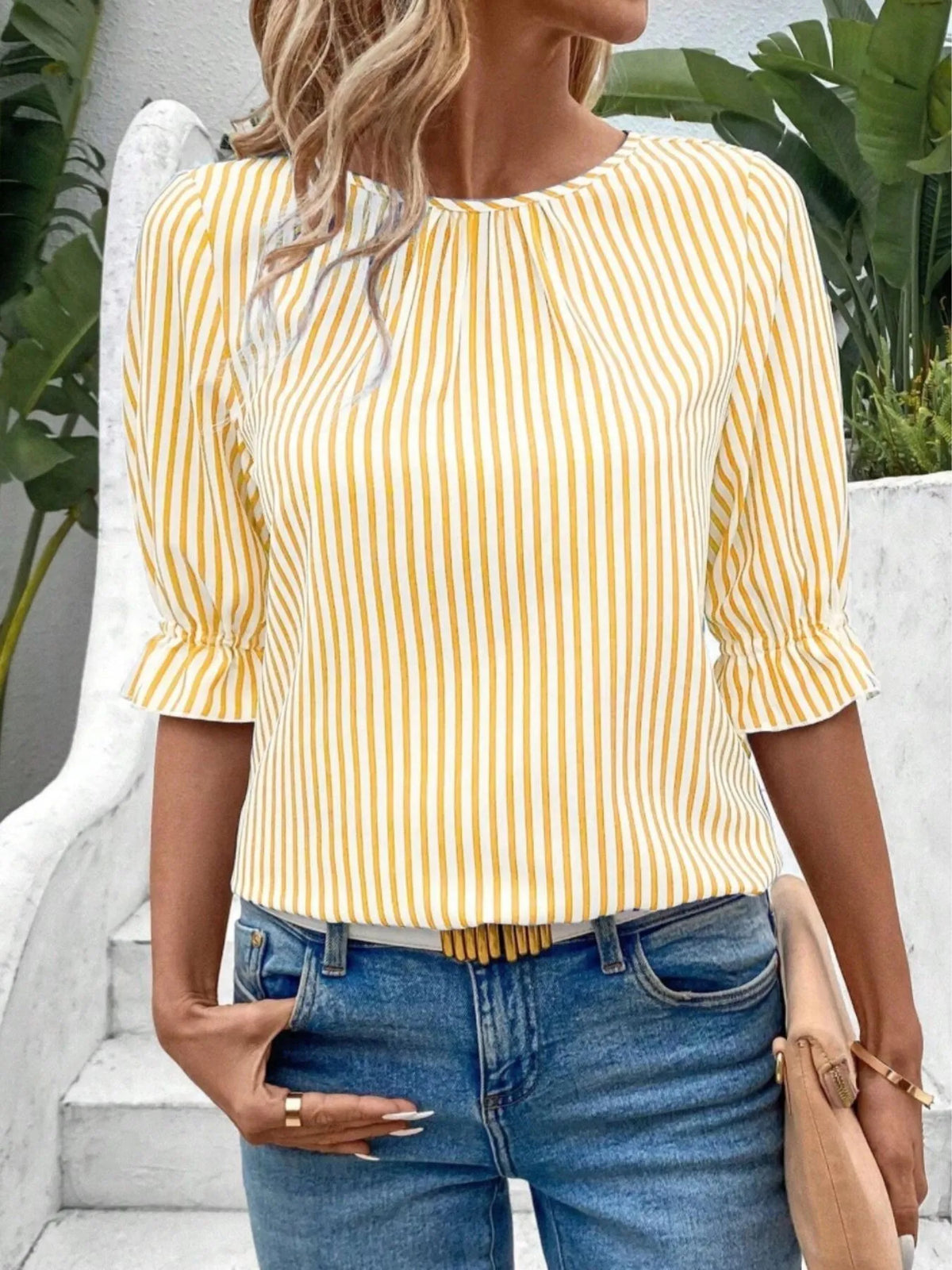 Striped Round Neck Half Sleeve Casual Blouse - Ladyez