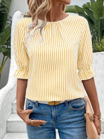 Striped Round Neck Half Sleeve Casual Blouse - Ladyez