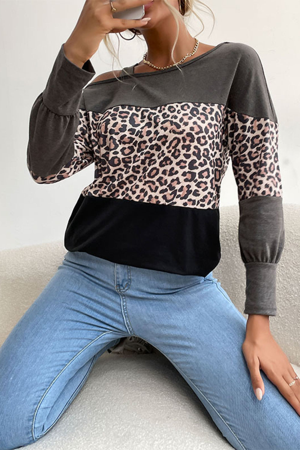 Perfee Leopard Print Color Block ColdShoulder Top