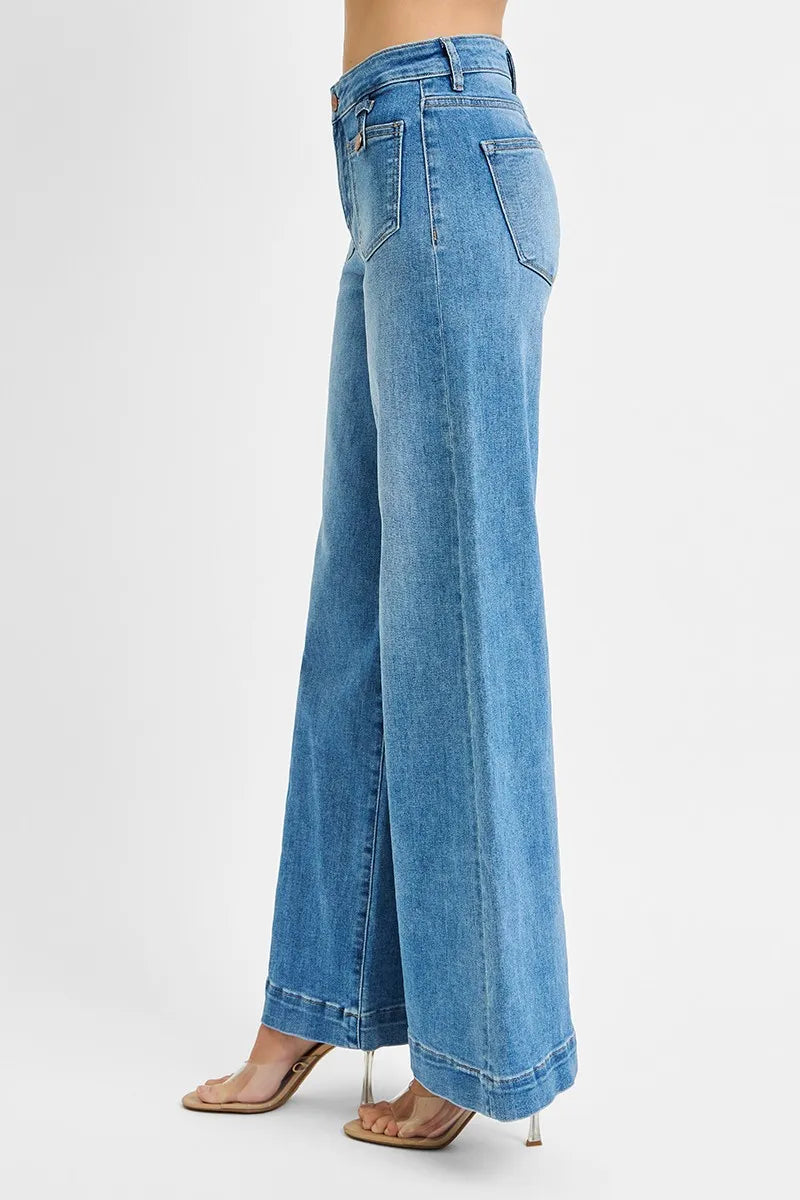 RISEN Full Size Mid Rise Wide Front Patch Pocket Jeans Plus Size - Ladyez