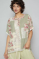 POL Lace Round Neck Short Sleeve Floral Pattern Top with Patch Detail