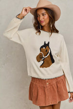 SO ME Horse Knit Sweater Top with Blanket Stitch