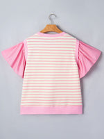 Stripe Ruffled Short Sleeve Patchwork Blouse