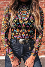 Abstract Print Long Sleeve Stand Neck Mesh Top