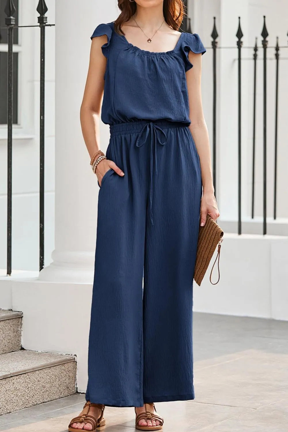 Ruffled Cap Sleeve Wide Leg Jumpsuit - Ladyez