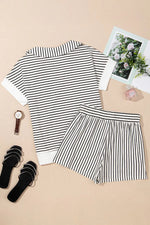 Stripe V Neck Tee and Casual Shorts Set