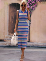 Striped Round Neck Sleeveless Midi Cover Up Dress - Ladyez