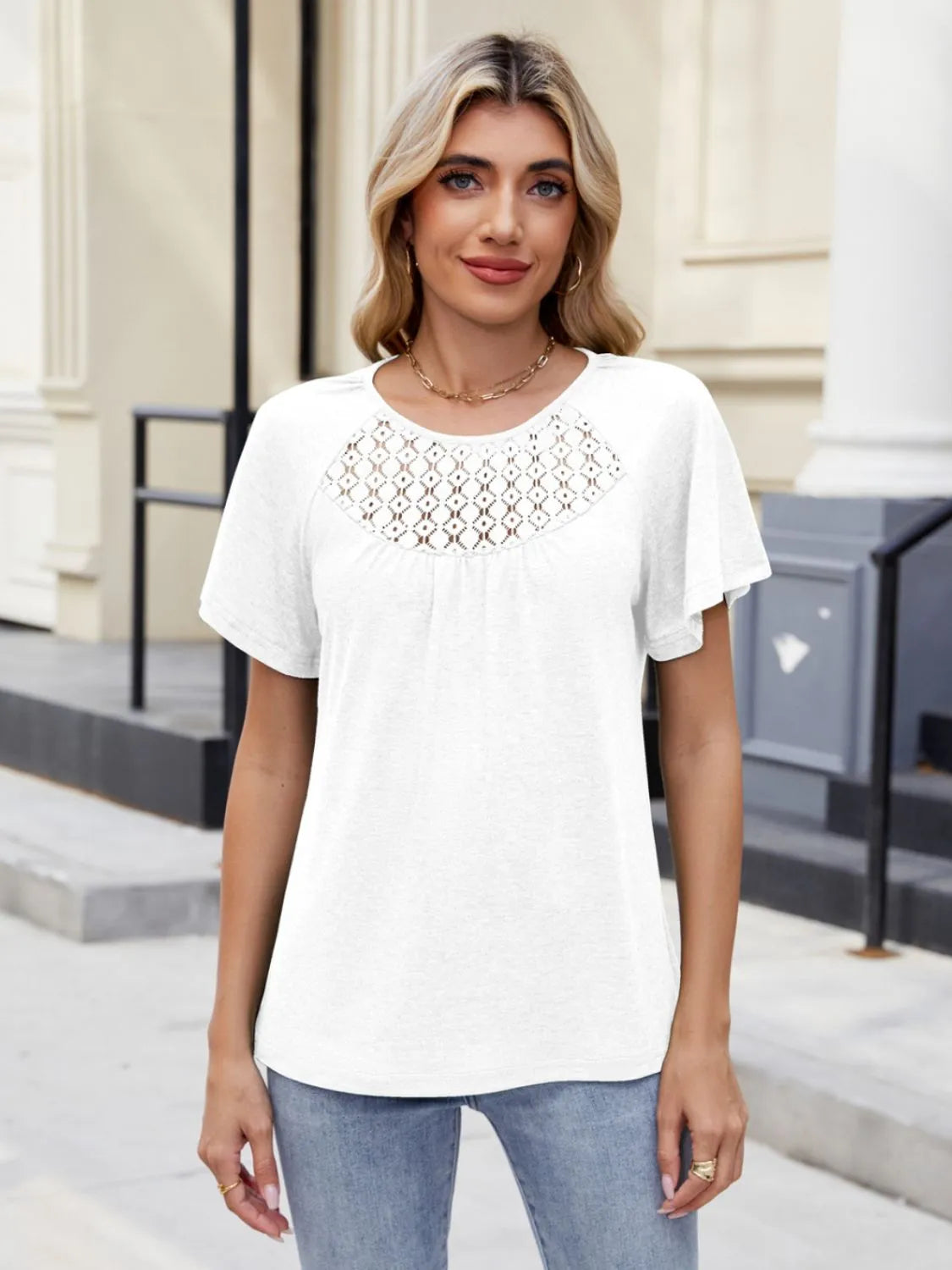 Lace Detail Round Neck Short Sleeve Blouse
