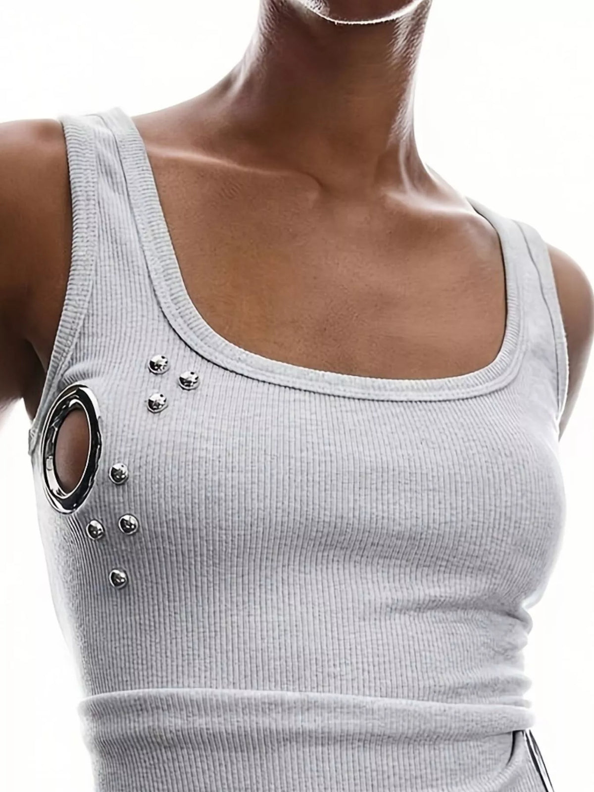 Ribbed Tank Top with Metal Grommet Cutouts and Stud Embellishments