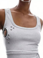 Ribbed Tank Top with Metal Grommet Cutouts and Stud Embellishments