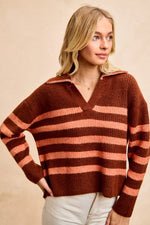 BiBi Striped Sweater Top with Collar Stitched Details