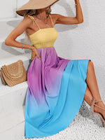 Honey Color Block Tie Shoulder Smocked Maxi Dress - Ladyez