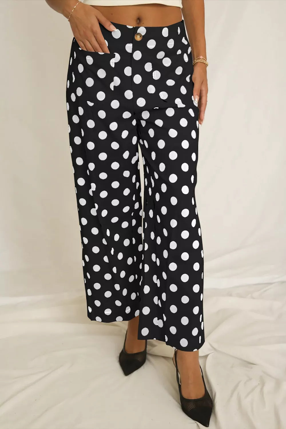 Polka Dot Print Patched Pocket Mid-rise Straight Leg Pants