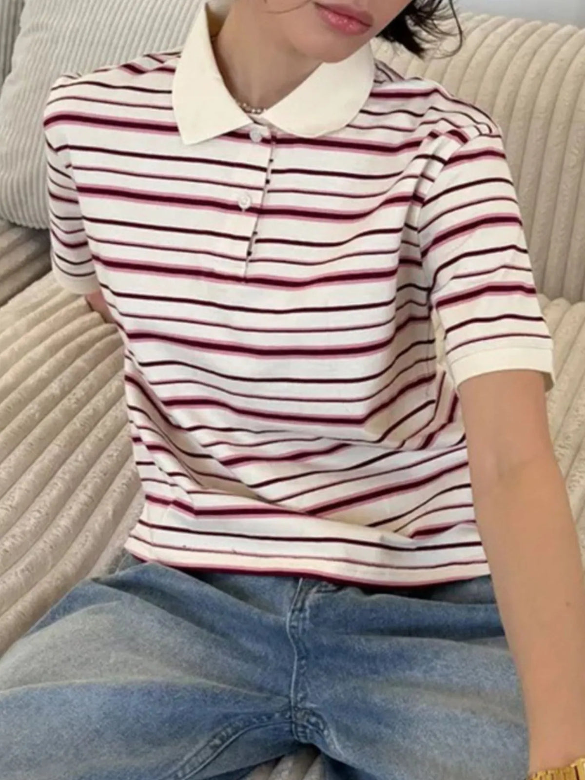 Striped Polo T-Shirt with Contrast Collar - Ladyez
