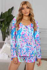 Round Neck Printed Top and Shorts Lounge Set - Ladyez