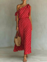 Full Size Polka Dot One-Shoulder Maxi Dress with Tie Details Plus Size