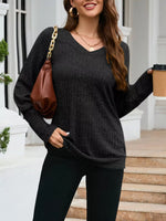 V-Neck Textured Knit Long Sleeve T-Shirt