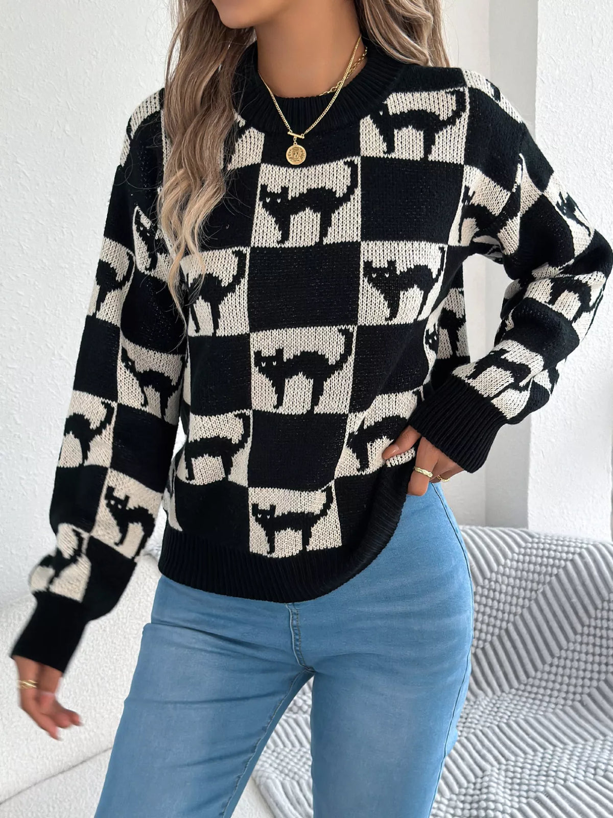 Cozy Cat Checkerboard Pattern Sweater