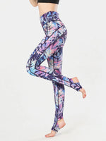 Printed Wide Waistband Active Leggings with Stirrups - Ladyez