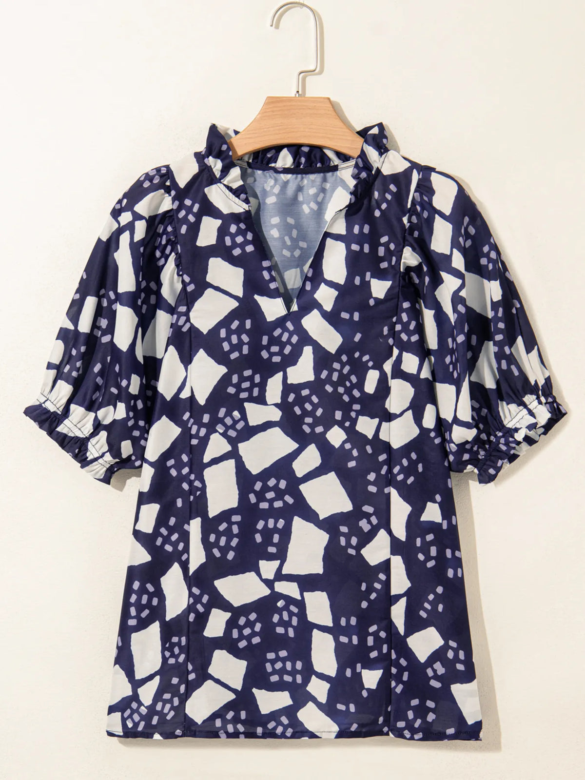 Abstract Print Frilled Puff Sleeve V Neck Blouse - Ladyez