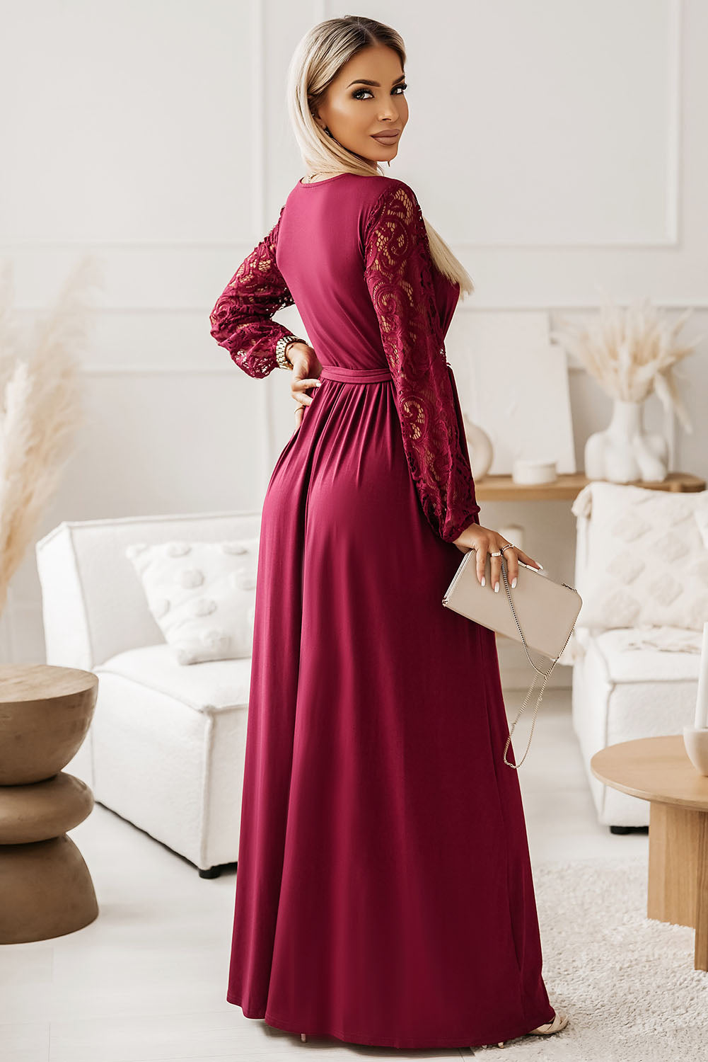 Lace Detail Surplice Tie-Waist Maxi Dress - Ladyez