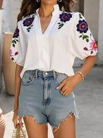 Floral Print Notched Puff Sleeve Blouse - Ladyez