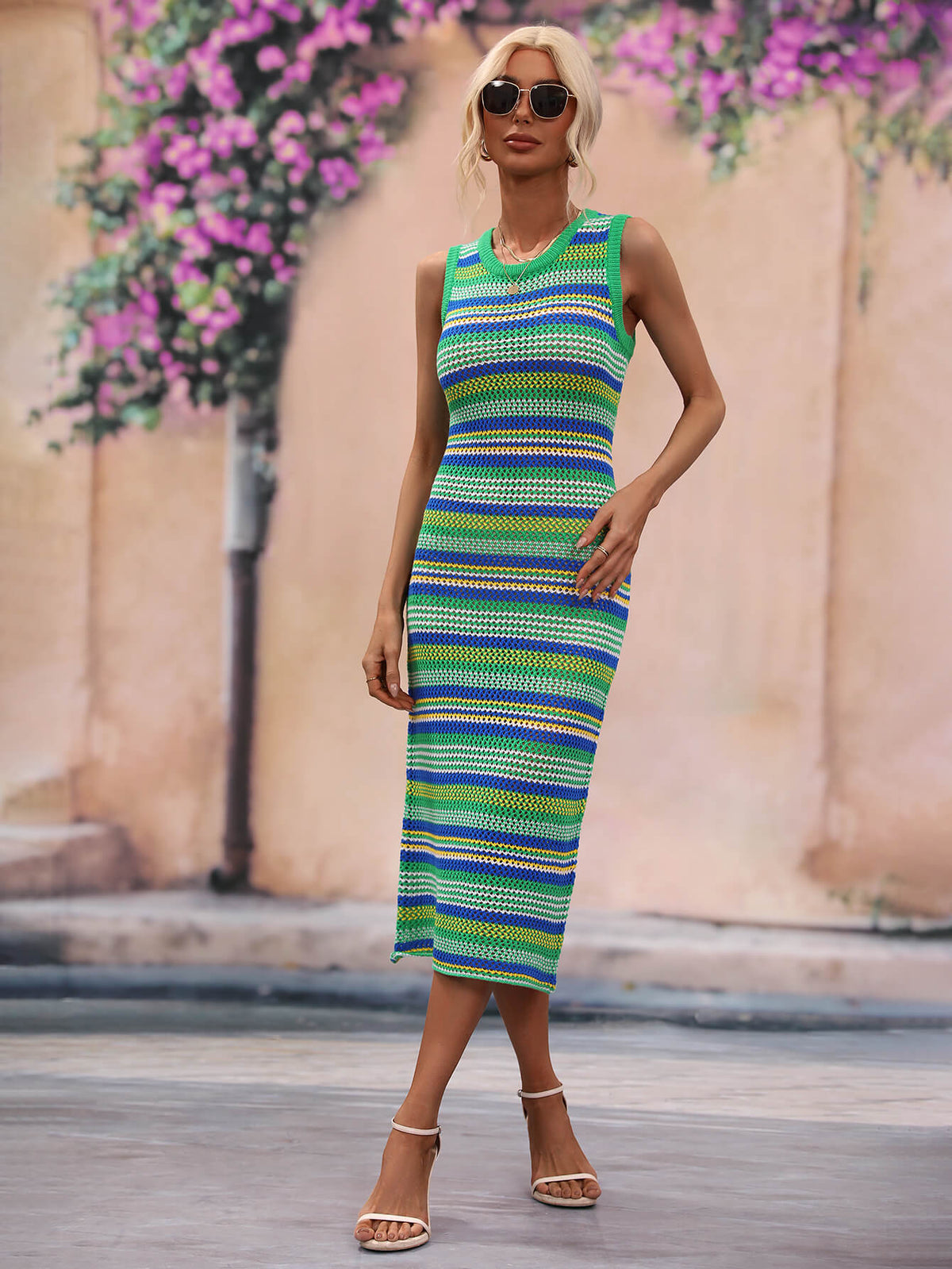 Striped Round Neck Sleeveless Midi Cover Up Dress - Ladyez