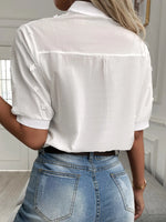Embroidered Eyelet Notched Half Sleeve Blouse - Ladyez