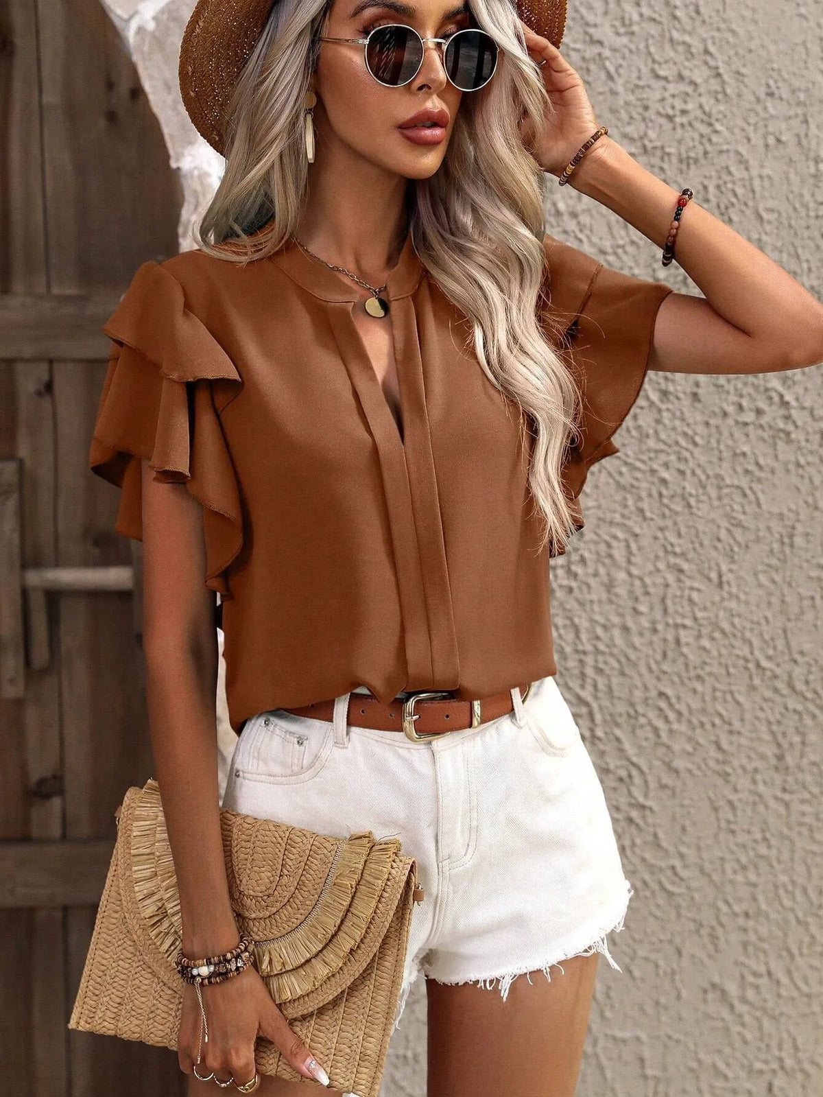 Ruffle Sleeve Notched Blouse