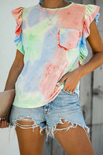 Ruffled Printed Round Neck Cap Sleeve T-Shirt - Ladyez