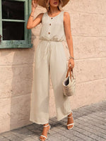 Sleeveless Button-Front Wide Leg Jumpsuit