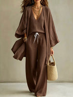 V-Neck Top & Cardigan & Pants Three-Piece Set