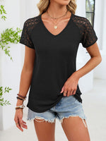 Lace Sleeve V-Neck Waffle Knit T-Shirt