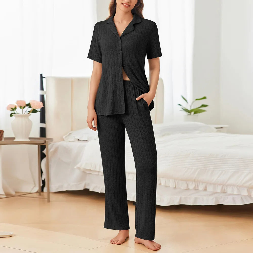 Button Down Long Sleeve Top and Pants Lounge Set - Ladyez