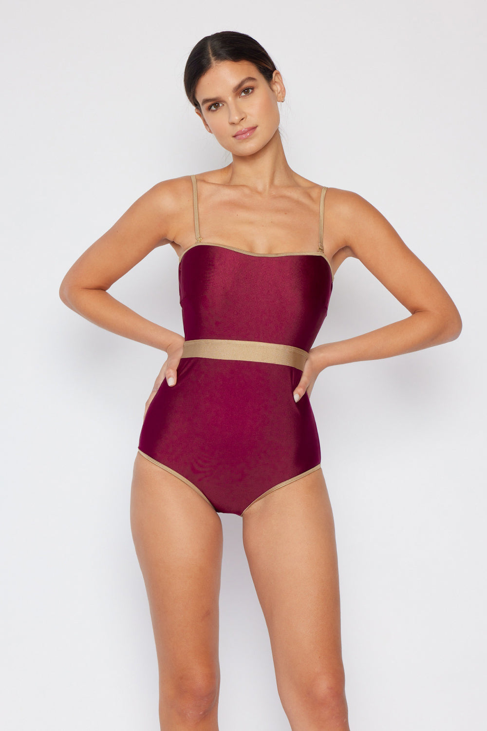 Marina West Swim Wave Break Contrast Trim One-Piece in Wine - Ladyez