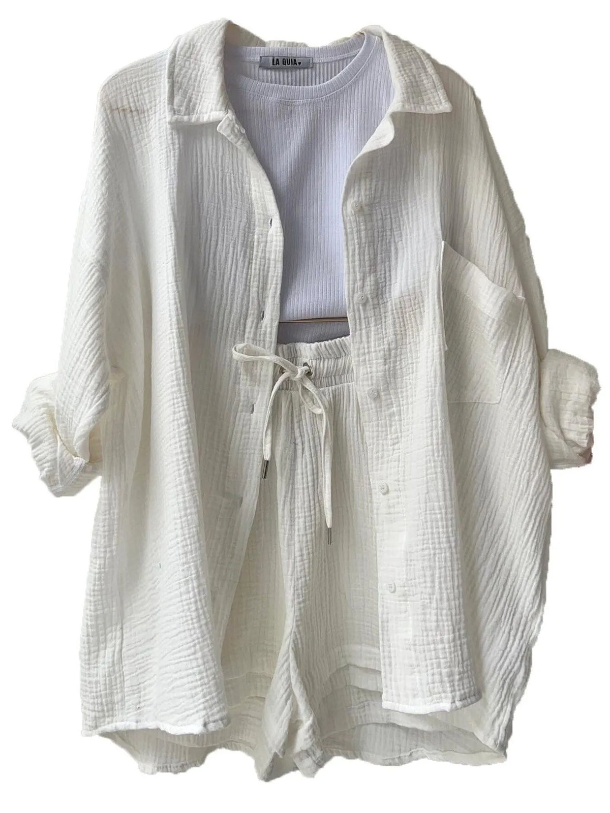 Textured Button Up Shirt and Shorts Set