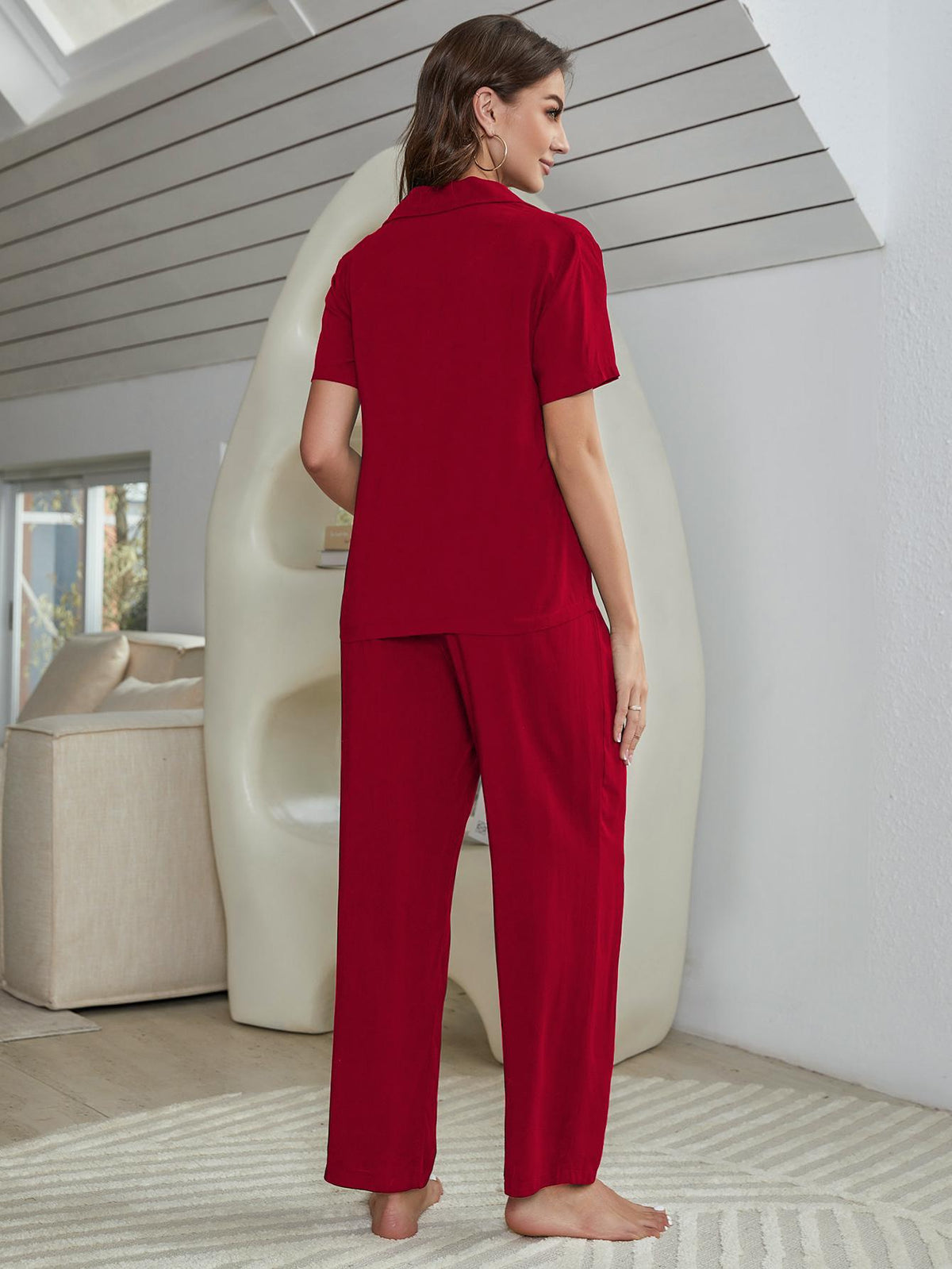 Short Sleeve Shirt, Bralette, and Pants Lounge Set - Ladyez