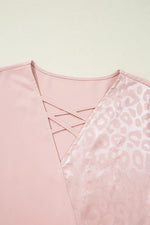 Leopard Jacquard Patchwork Crisscross V Neck Short Sleeve Blouse