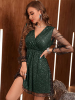 Glitter Surplice Long Sleeve Mini Dress - Ladyez