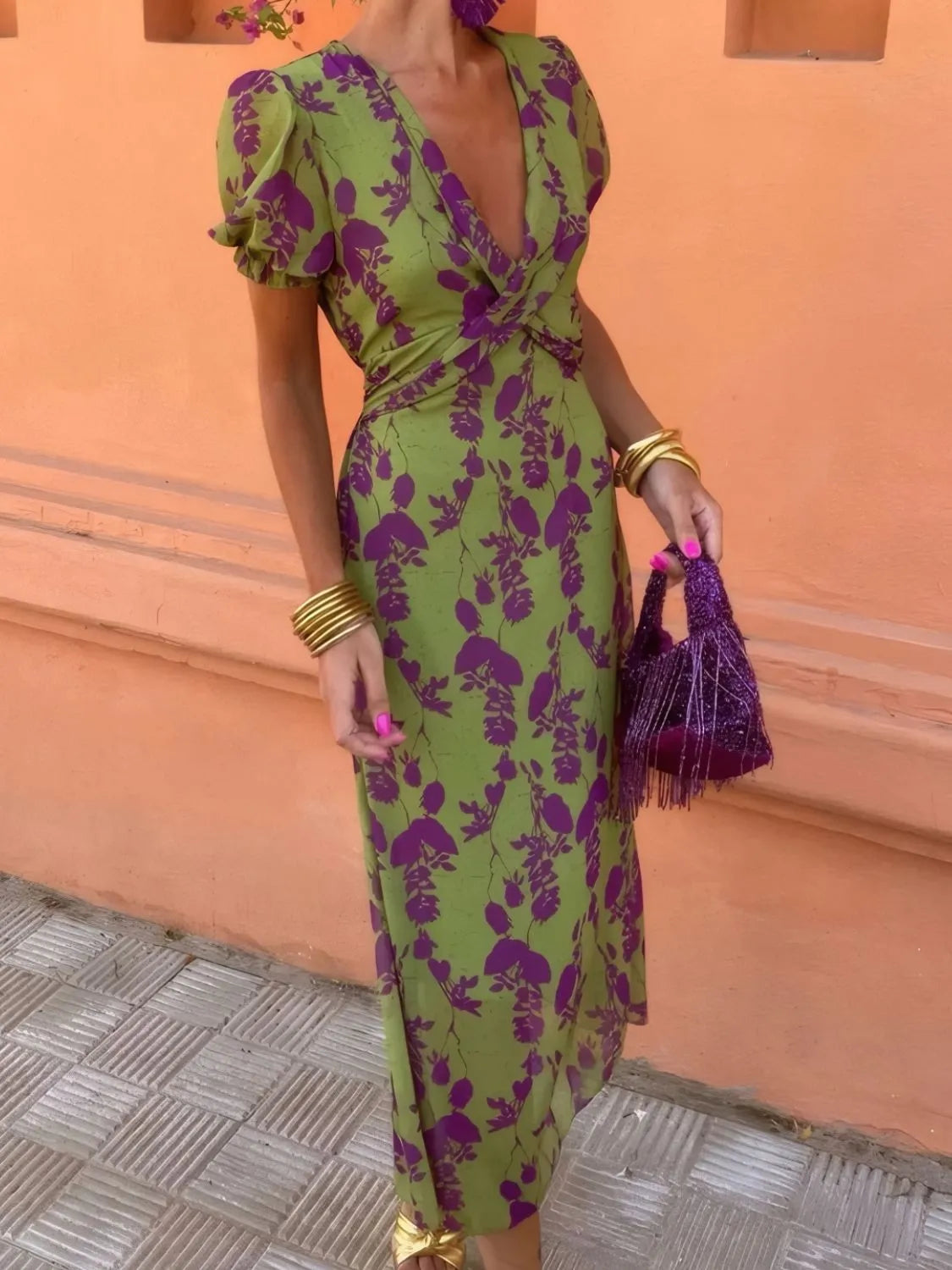 Printed Plunge Short Sleeve Midi Dress - Ladyez