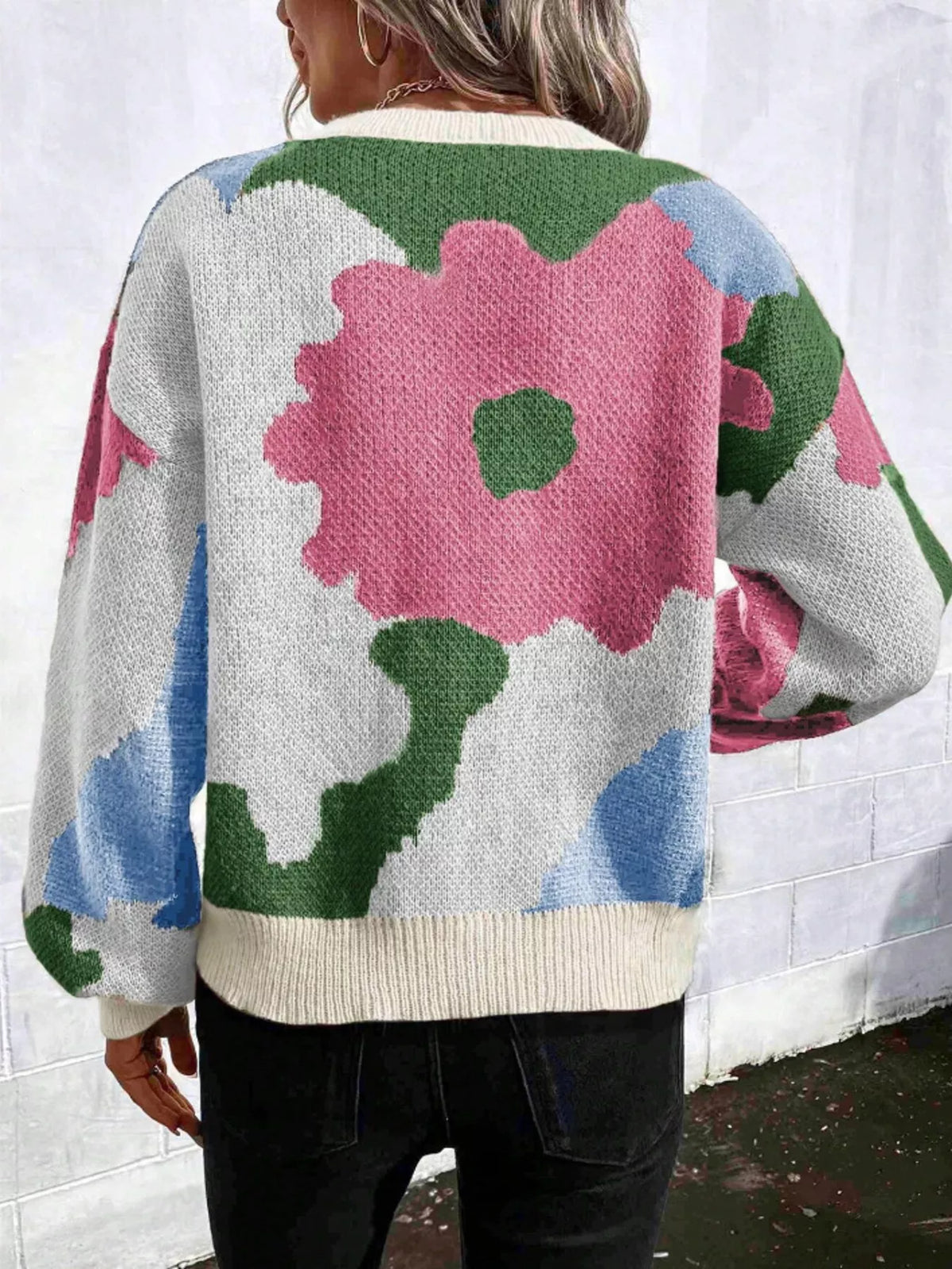Floral Pattern Round Neck Sweater
