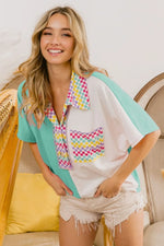 BiBi Color Block Knit with Multi Checker Contrast Top