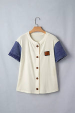 Ribbed Knit Button-Down Shirt with Denim Sleeves
